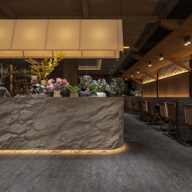 现代餐饮店纳山雾四个全景，一张鸟瞰，门头一个单张