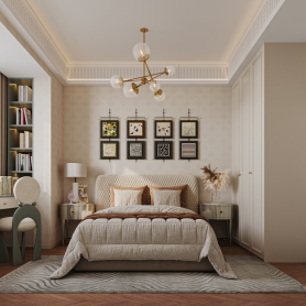 法式轻奢客餐厅全景，两张卧室静态