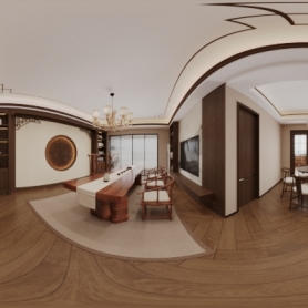 新中式客餐厅全景，主卧室静态