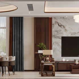 家装新中式风格玄关1个单张，客餐厅1个全景，主卧1个单张