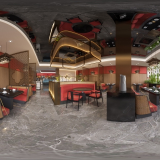 新中式饭店就餐区全景