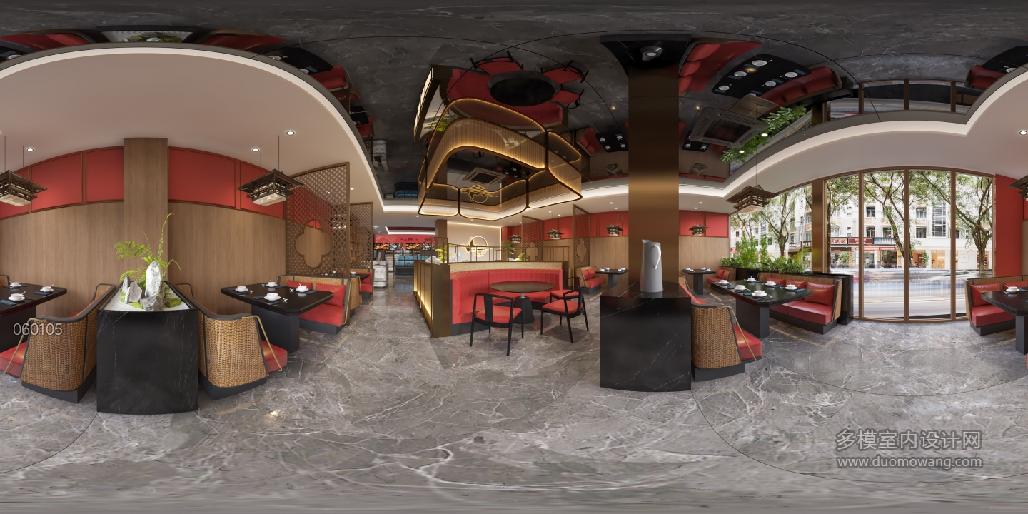 新中式饭店就餐区全景