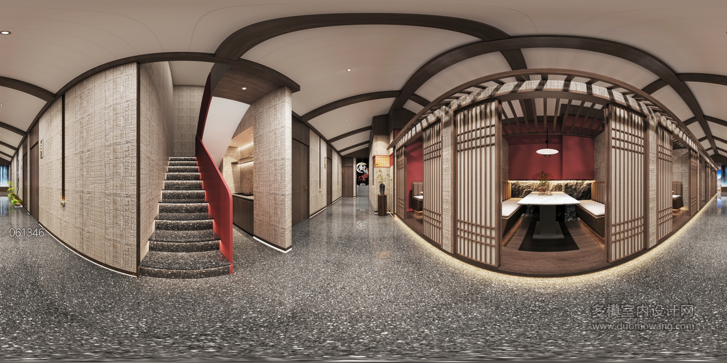 现代中式餐厅餐厅过道全景