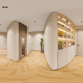 原木三层楼梯间全景