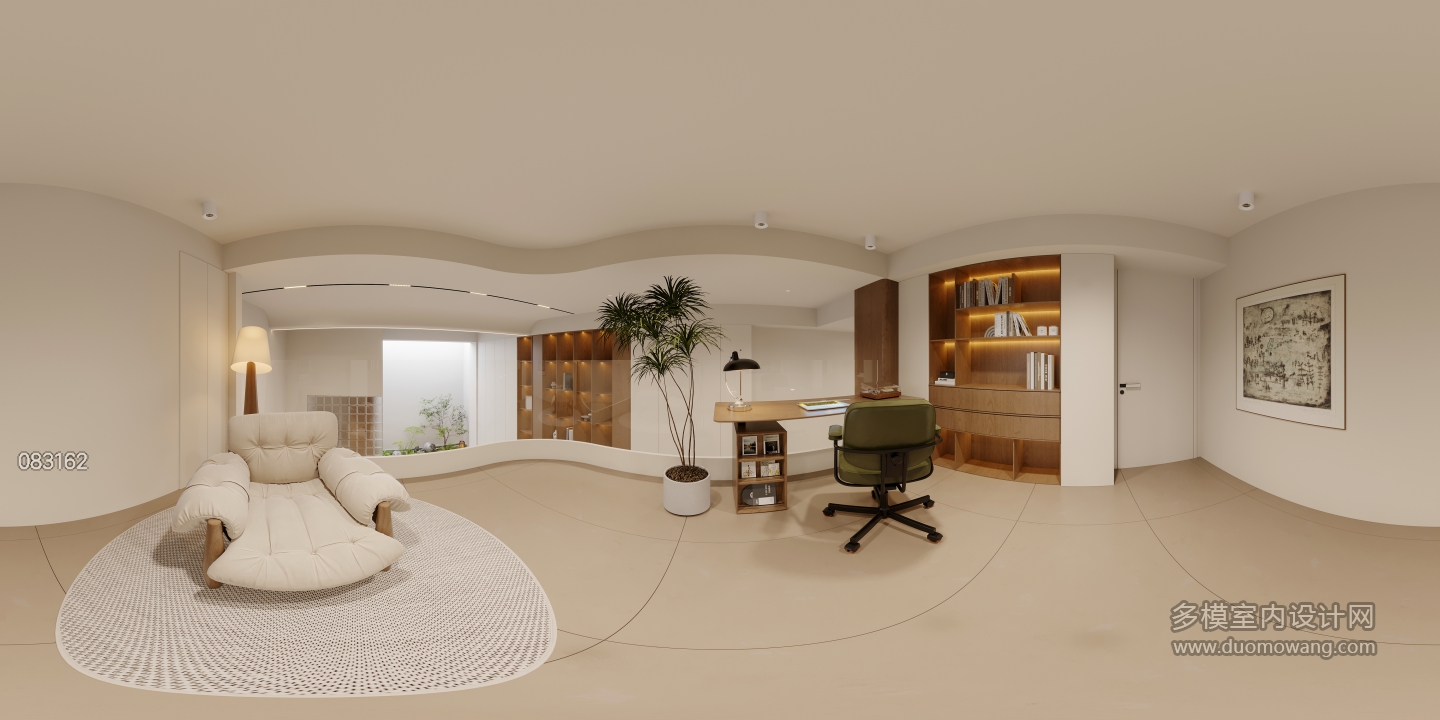 现代原木跃层书房全景