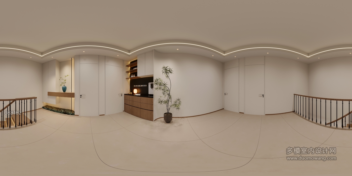 现代原木二层玄关全景