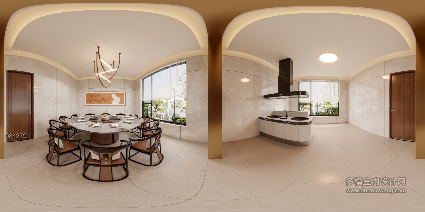 新中式餐厅厨房全景