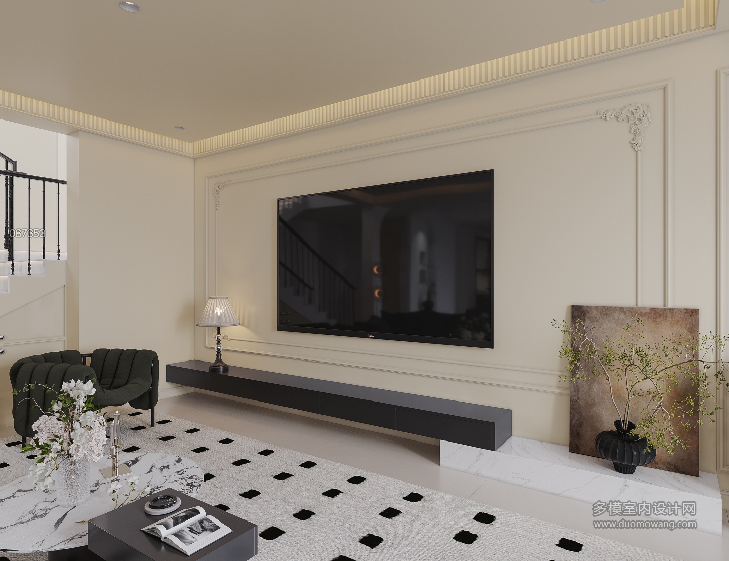 法式奶油一层客厅电视背景墙