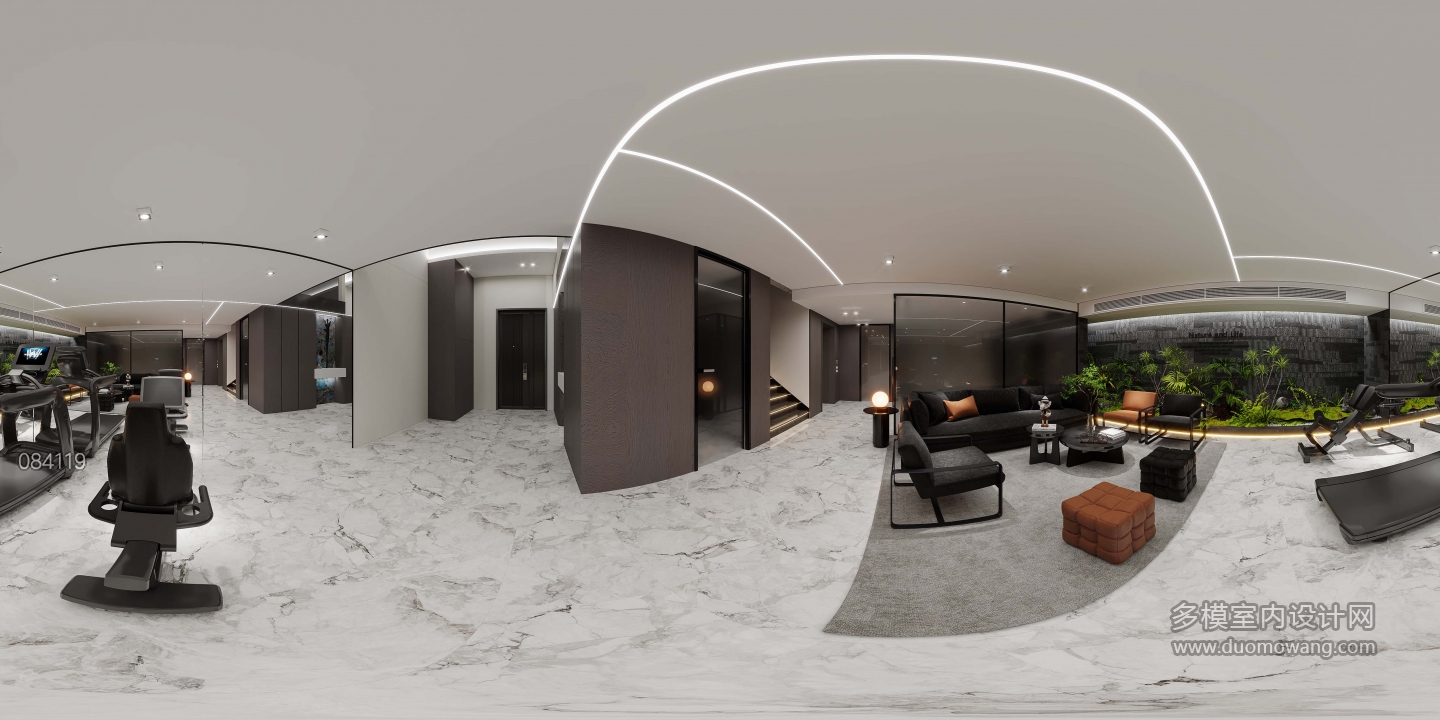 现代负二楼健身休闲区全景