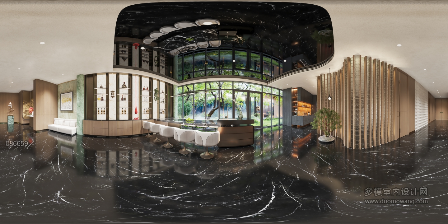 现代走道厨房用餐区全景