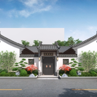 中式三合院正面大门透视