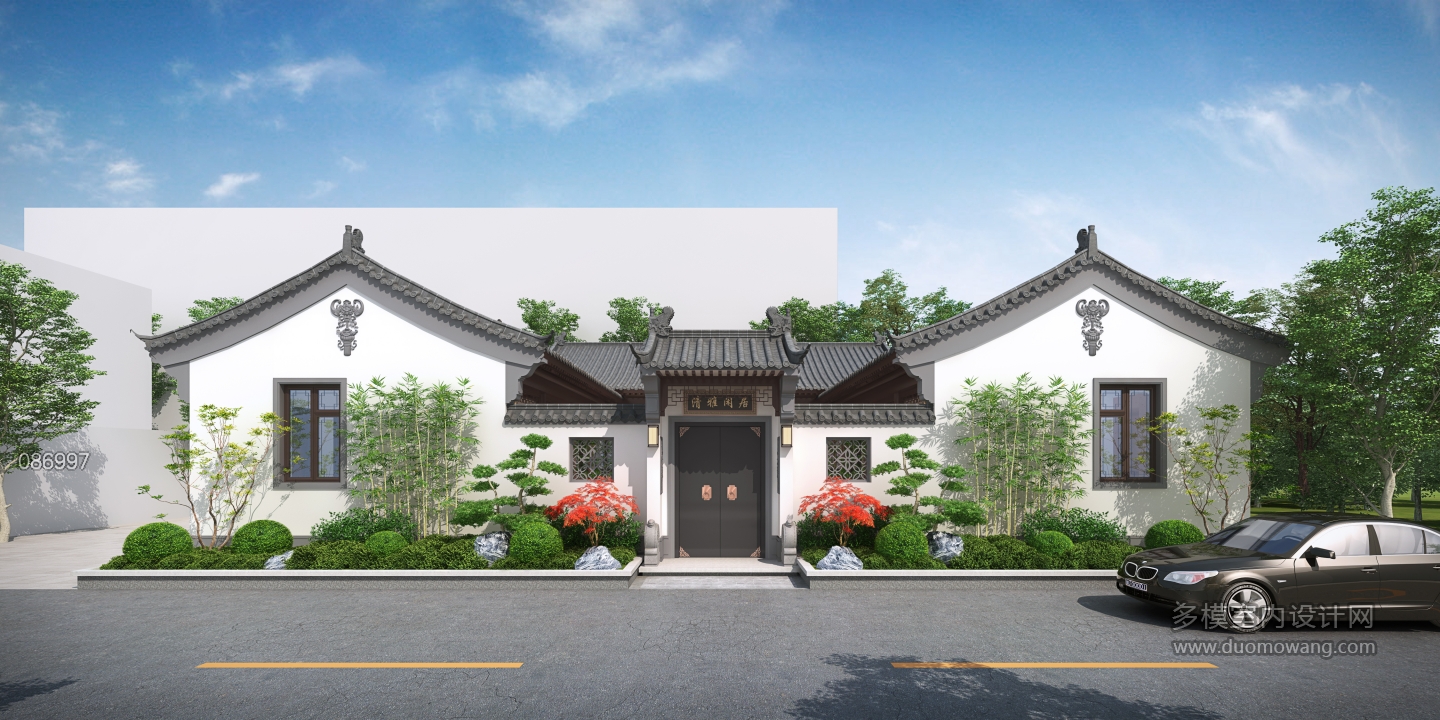 中式三合院正面大门透视