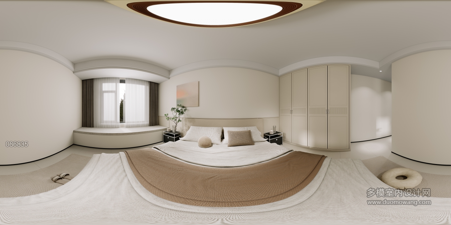 现代奶油主卧全景