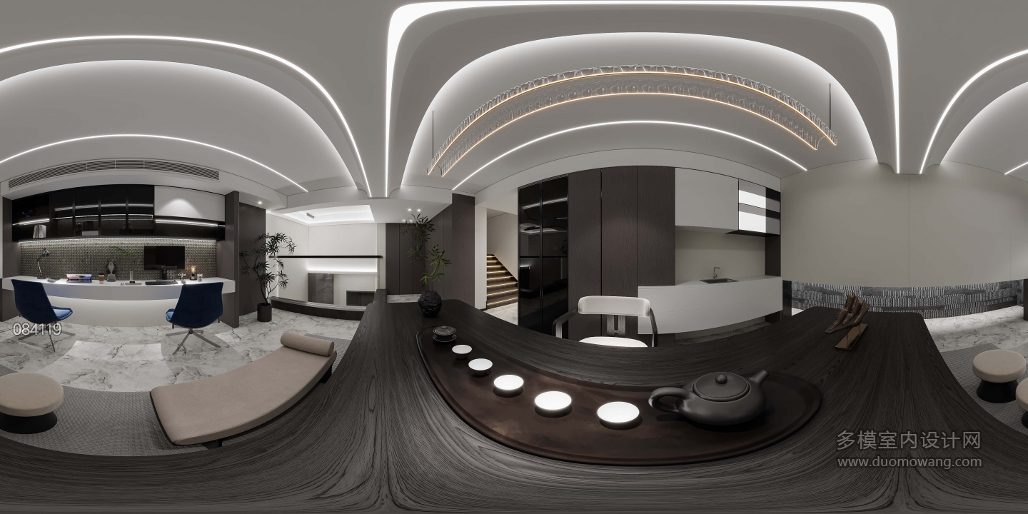 现代负一楼书房全景