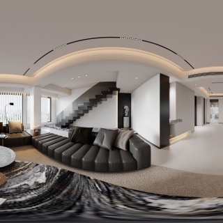 现代 黑白灰 客厅 全景