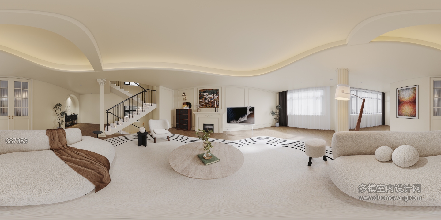 法式奶油二层客厅全景