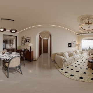 现代奶油中古客厅全景