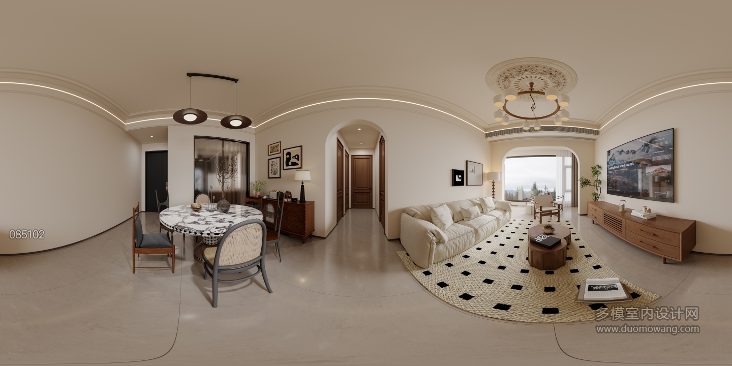 现代奶油中古客厅全景