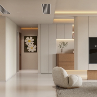 1现代奶油原木风电视面