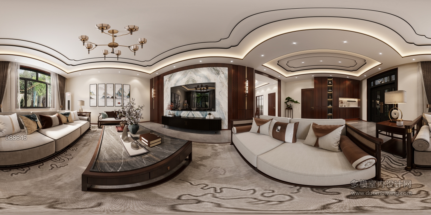 新中式楼下客厅-全景