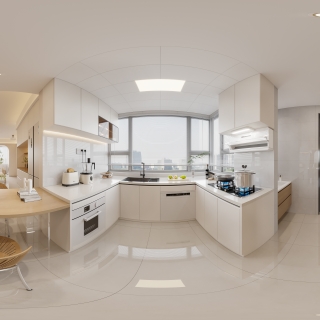 奶油原木厨房全景