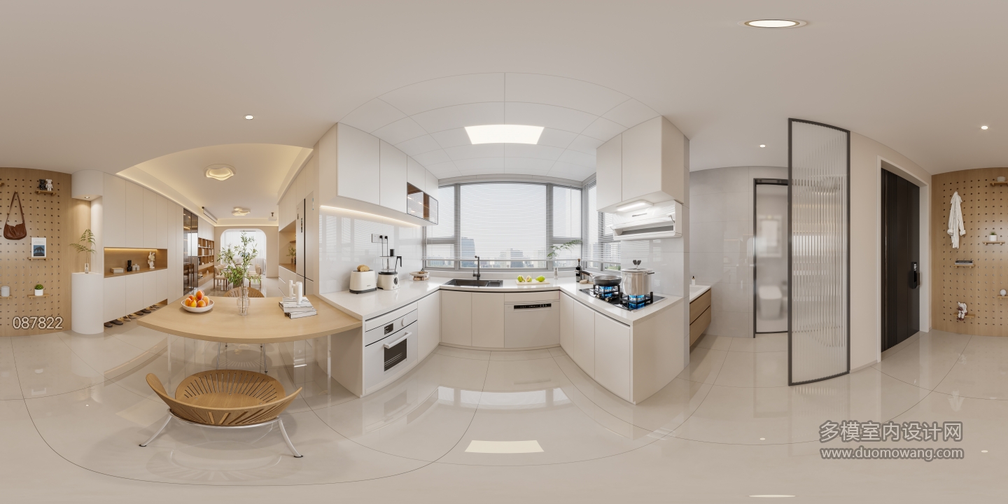 奶油原木厨房全景