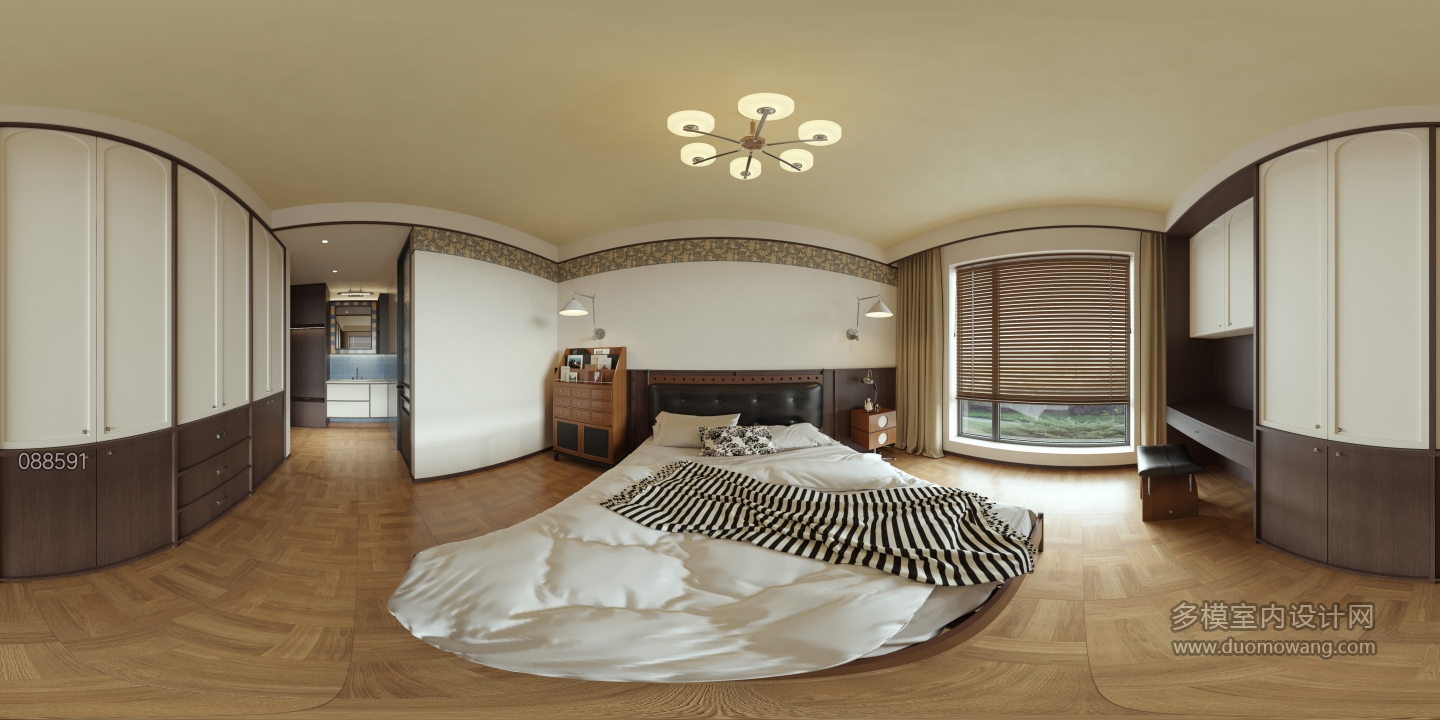 现代 中古风 主卧 全景