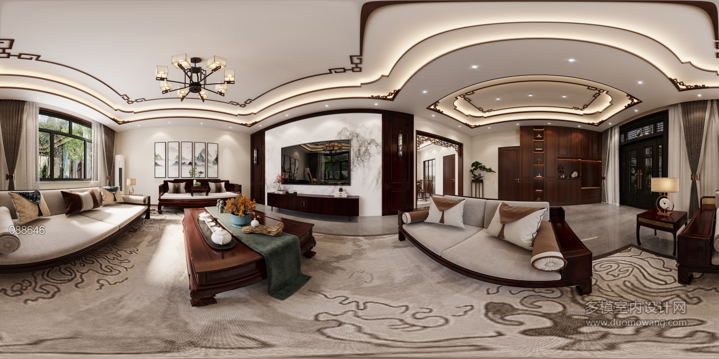 新中式楼下客厅-全景