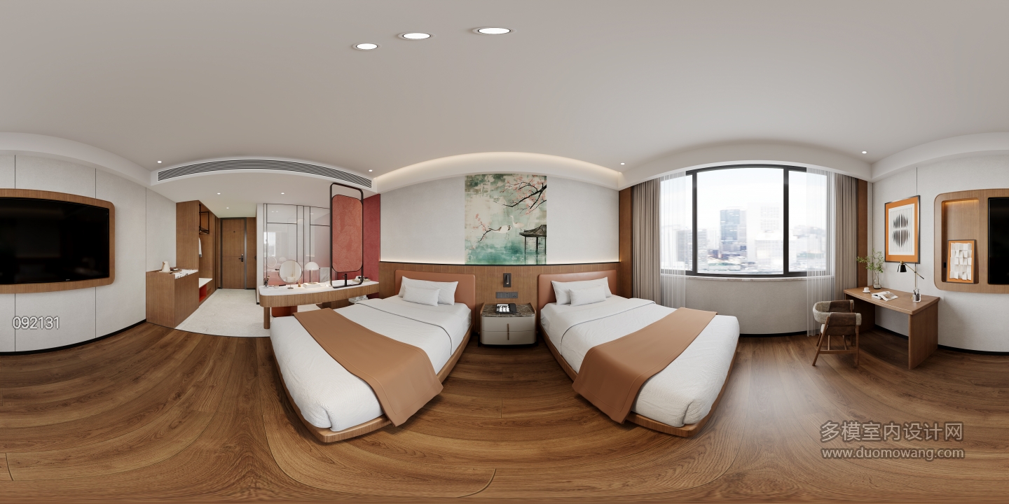 现代双人标间全景-电视墙