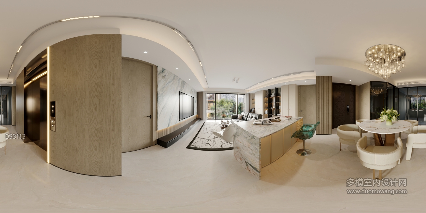 现代法式中古一层客餐厅全景