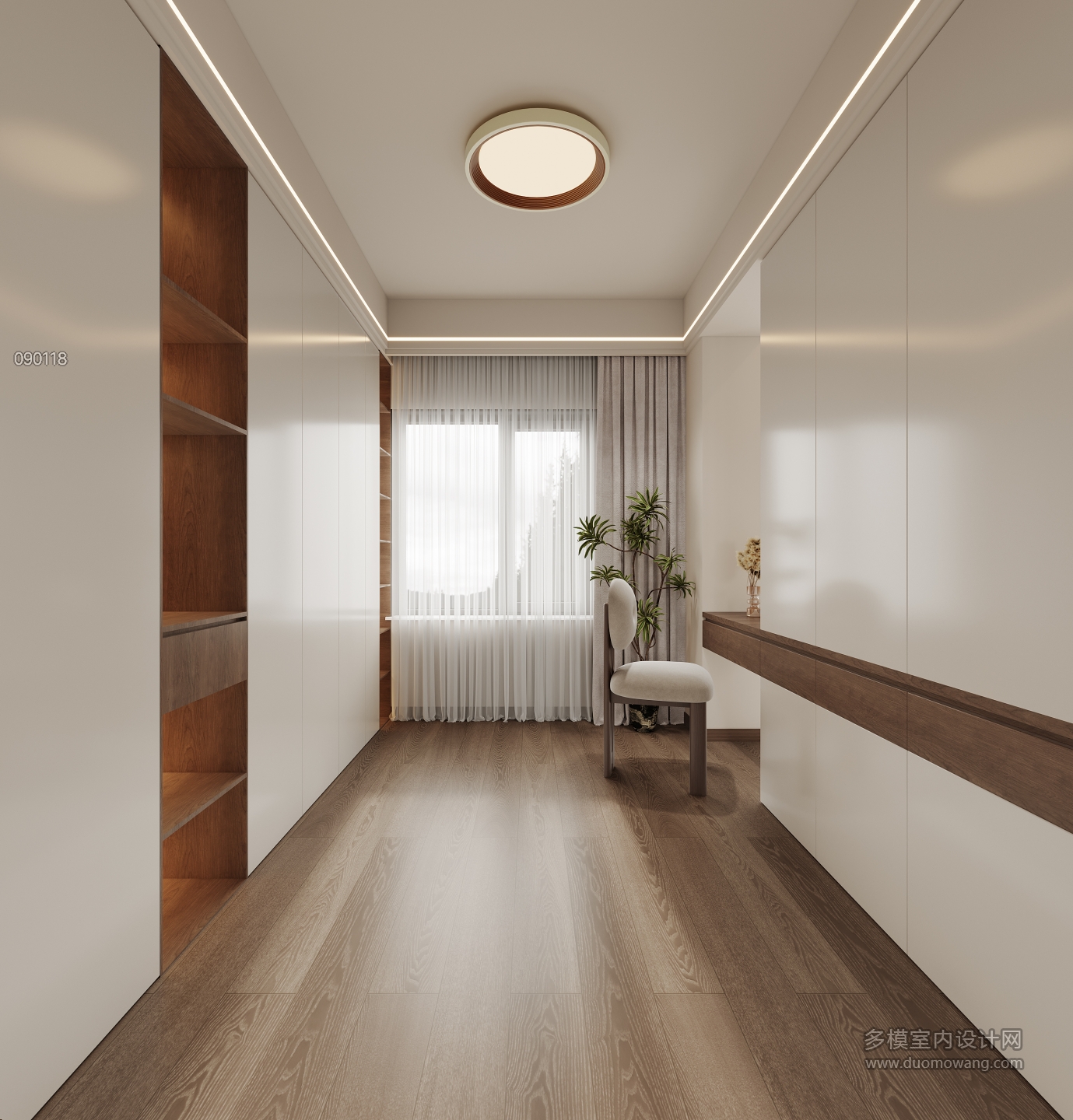 现代中古一层主卧床尾衣帽间