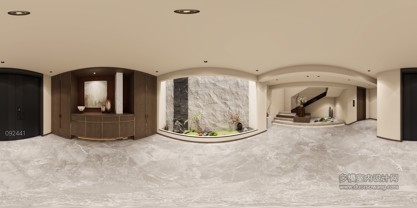 新中式车库层玄关全景