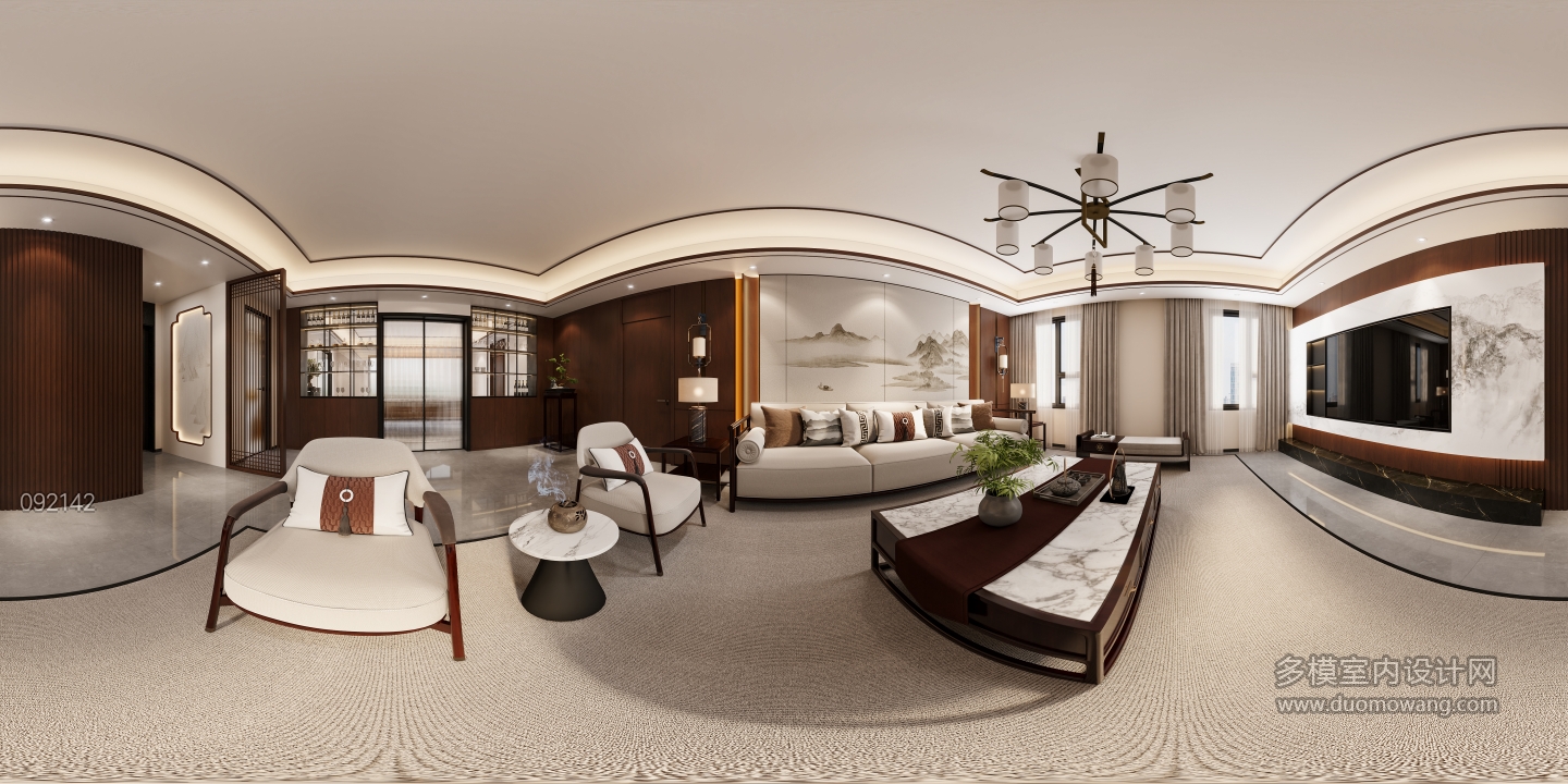 新中式二楼客厅-全景