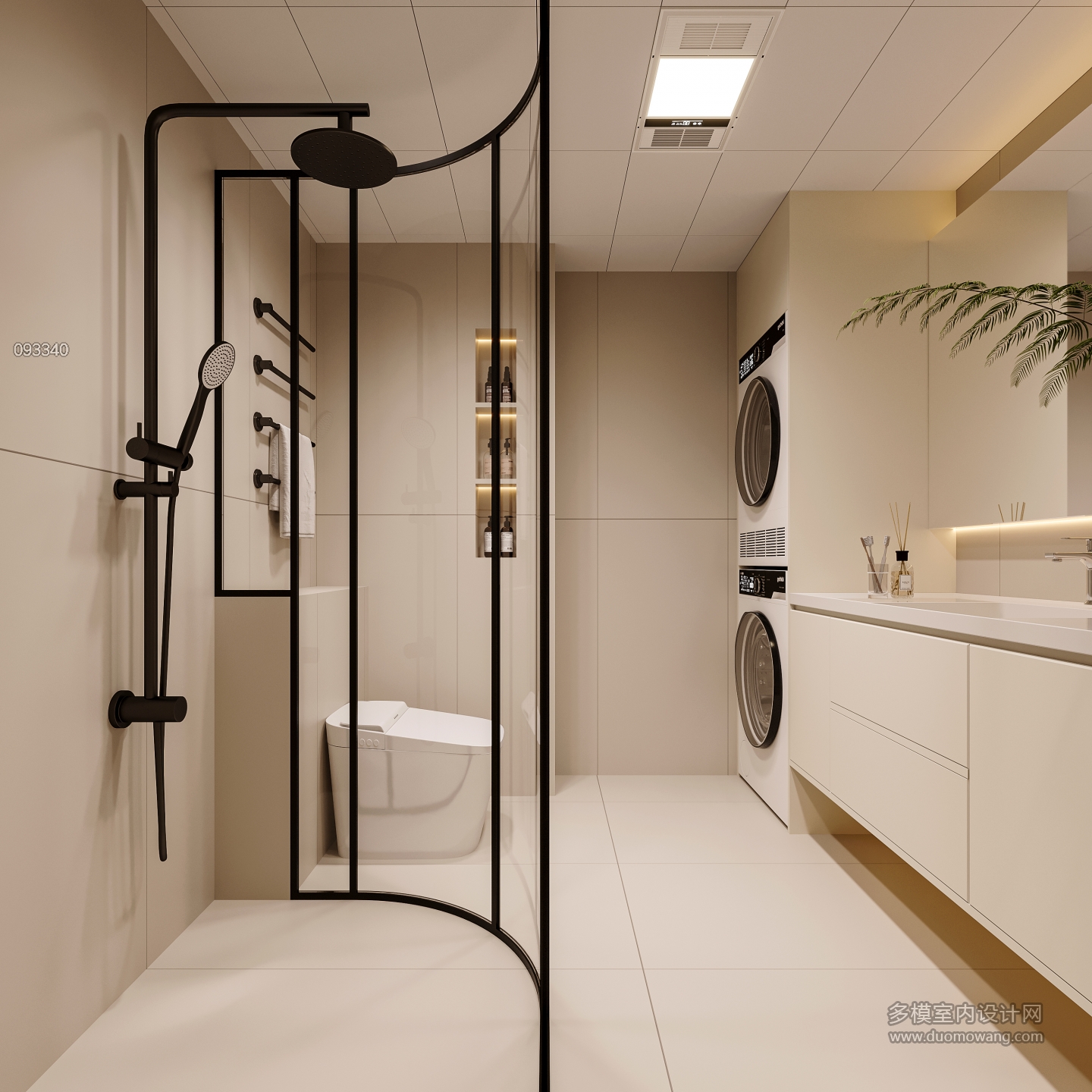 现代奶油主卫透视