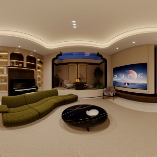 现代法式中古负一客厅观影模式全景