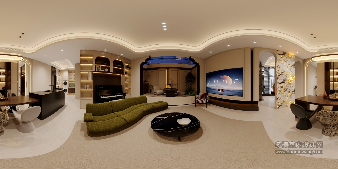 现代法式中古负一客厅观影模式全景