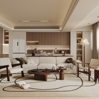 现代中古一层客厅沙发背景墙