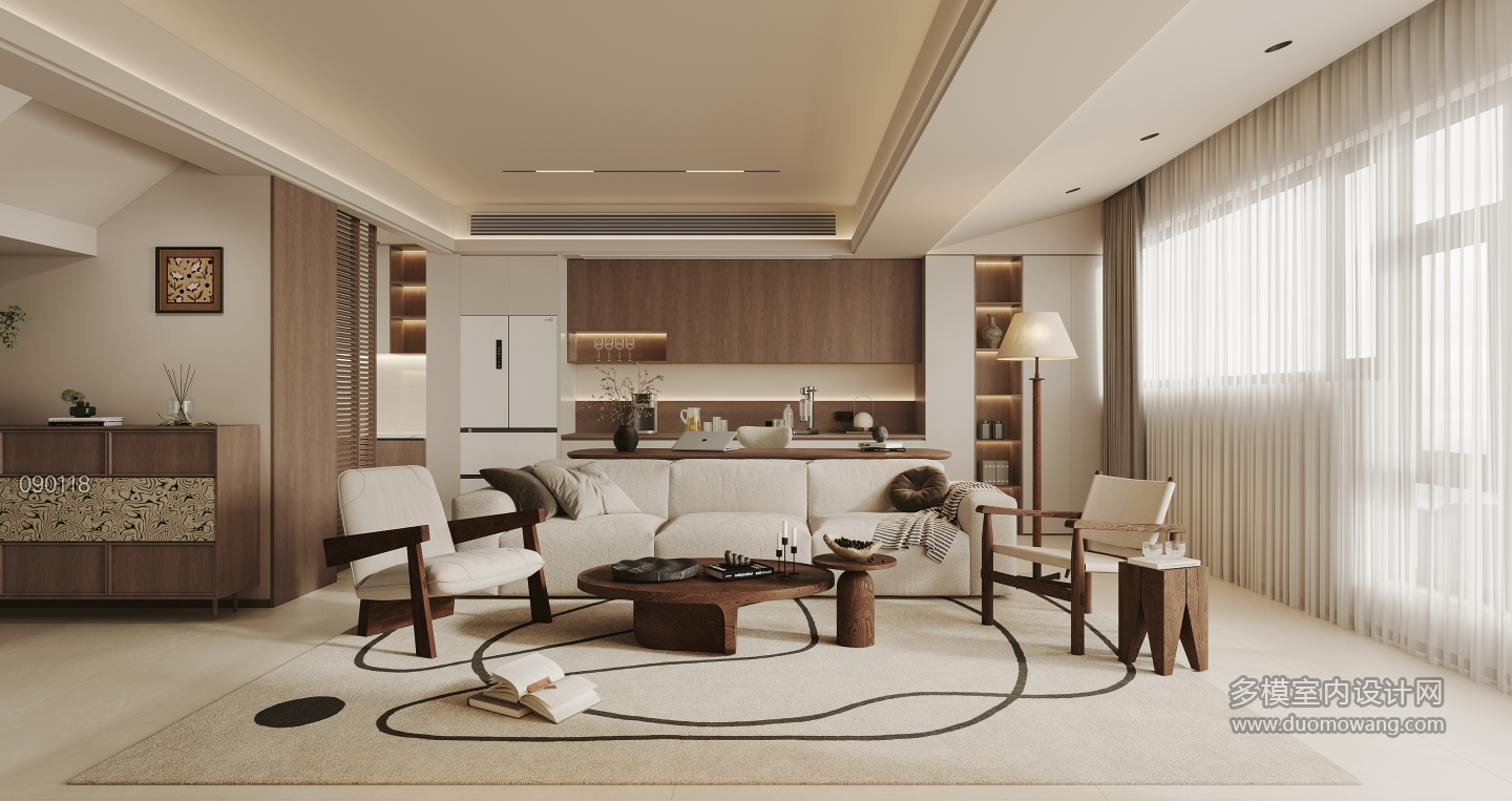 现代中古一层客厅沙发背景墙