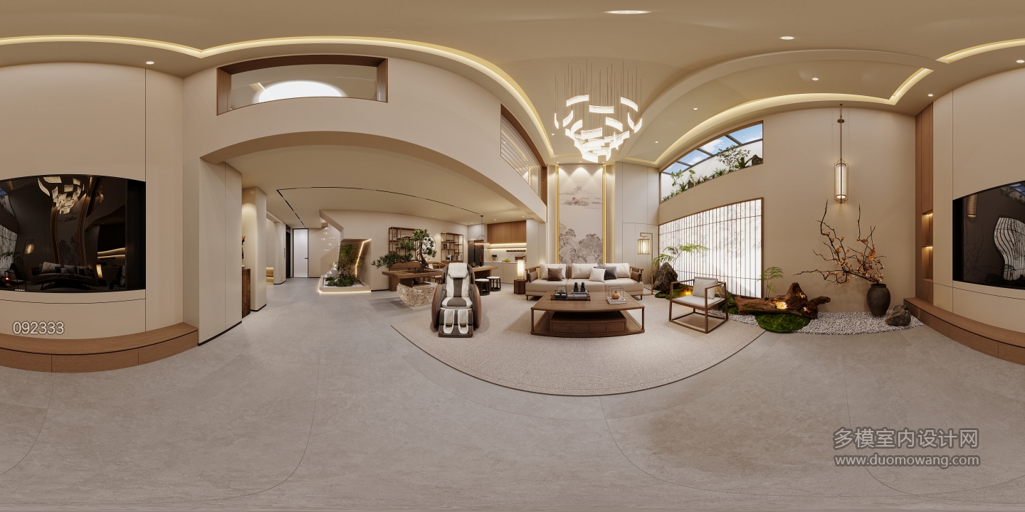 负二层宋代中式客厅全景