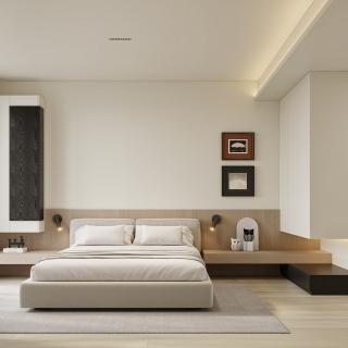 现代奶油主卧特写