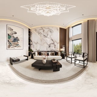 1新中式客厅全景