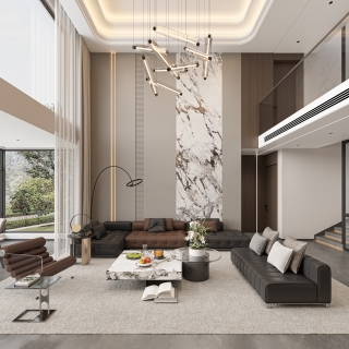 现代一楼挑空沙发背景