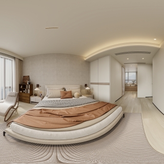 现代奶油卧室全景