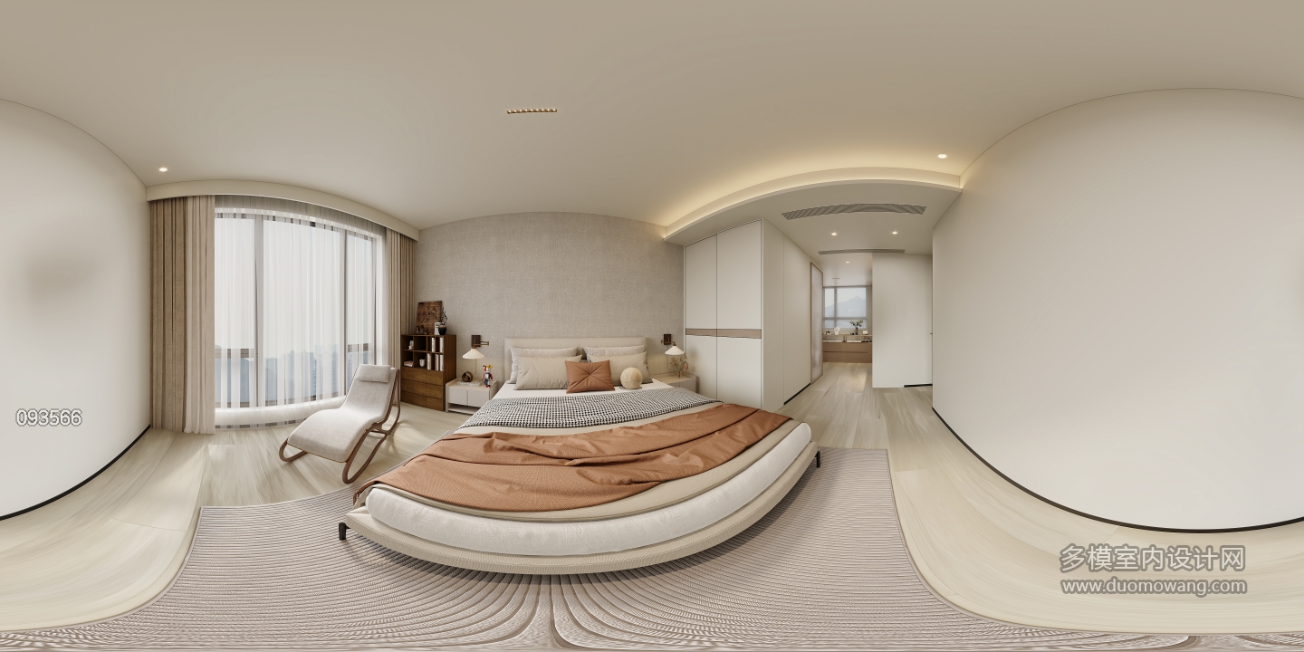 现代奶油卧室全景