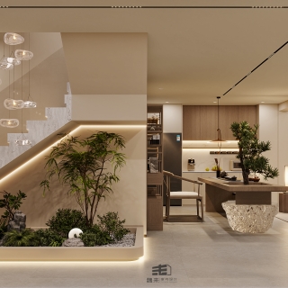 负二层宋代中式楼梯间景观特写