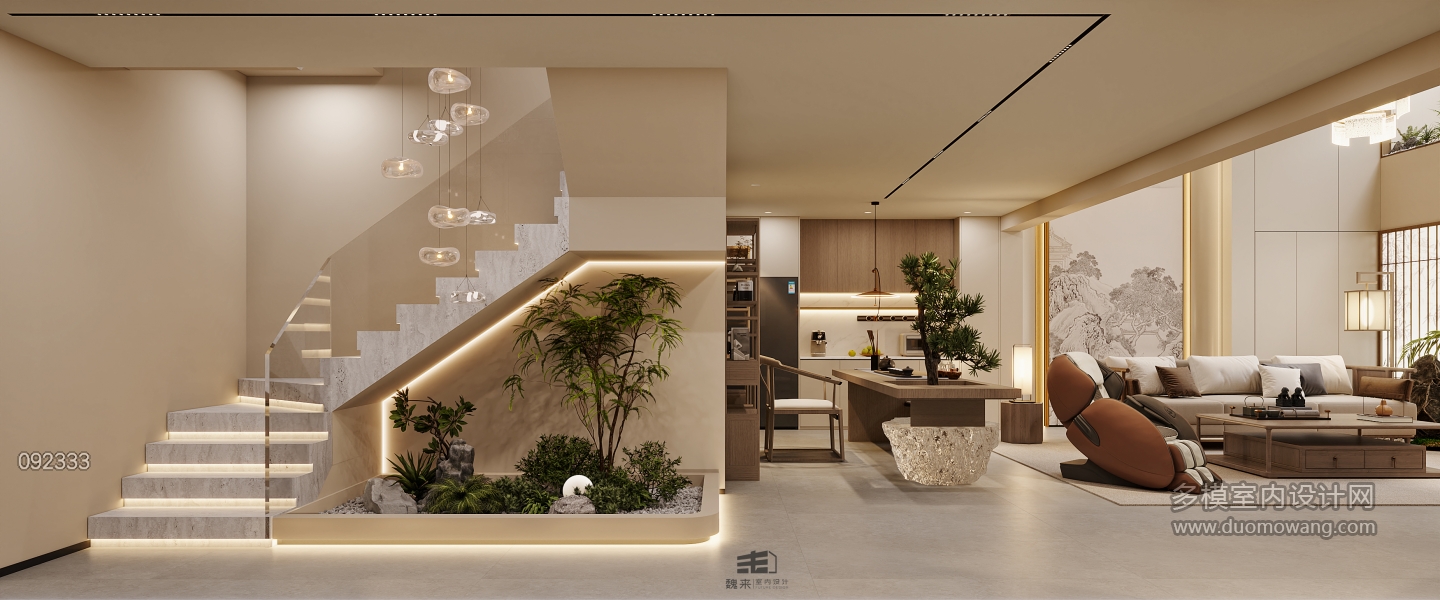 负二层宋代中式楼梯间景观特写