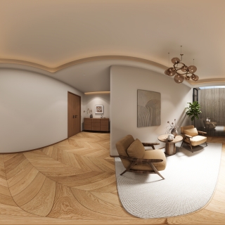 原木二层楼梯间全景