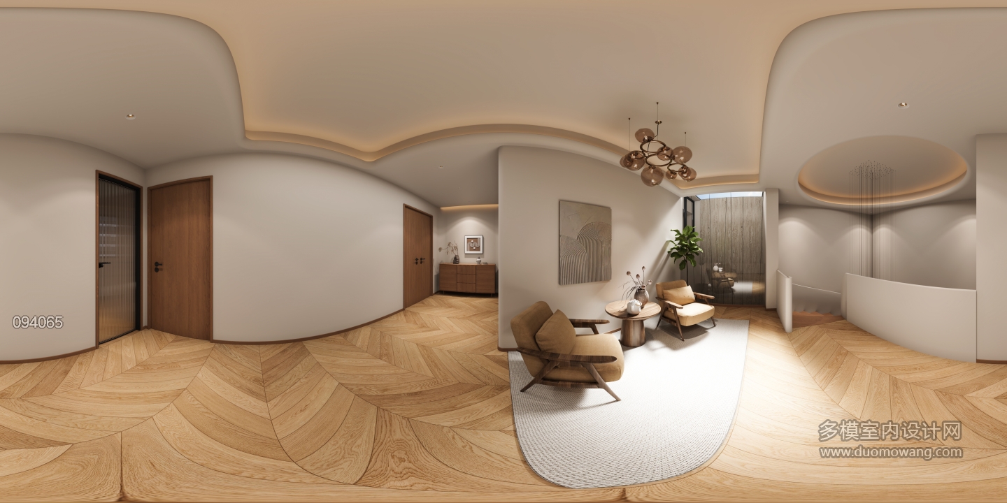 原木二层楼梯间全景