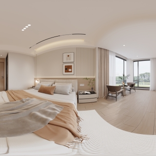 现代奶油主卧全景