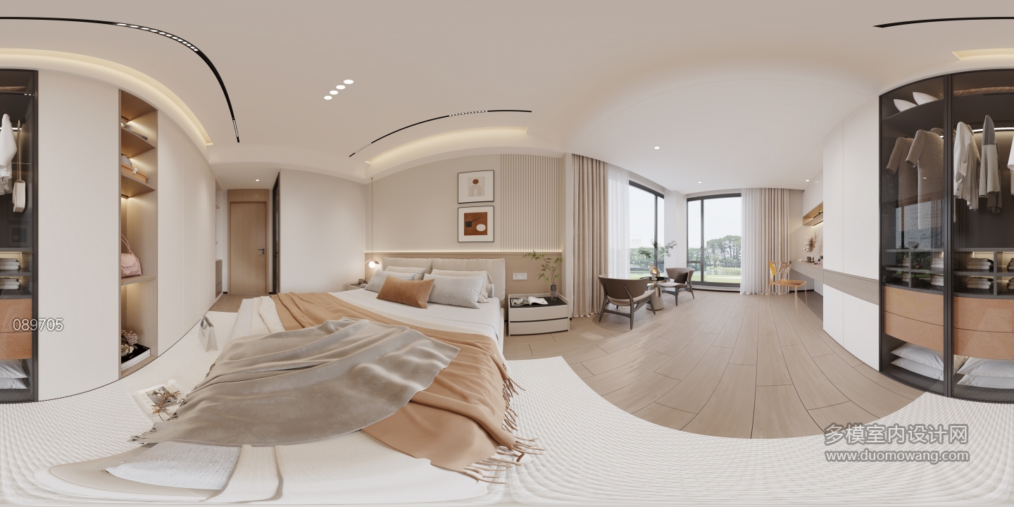 现代奶油主卧全景